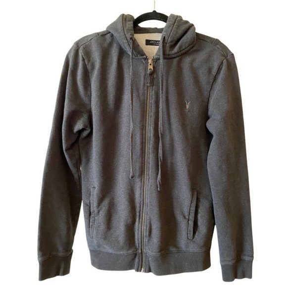AllSaints Mens Drawcord Hooded Long Sleeve Full Zip Jacket Outerwear Gray XS